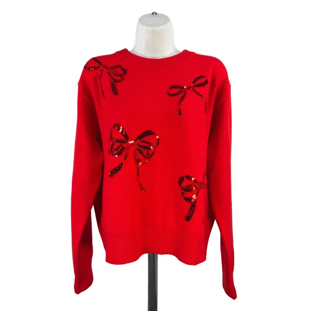 She + Sky Women's Red Sequin Bow Long Sleeve Sweater - M/L